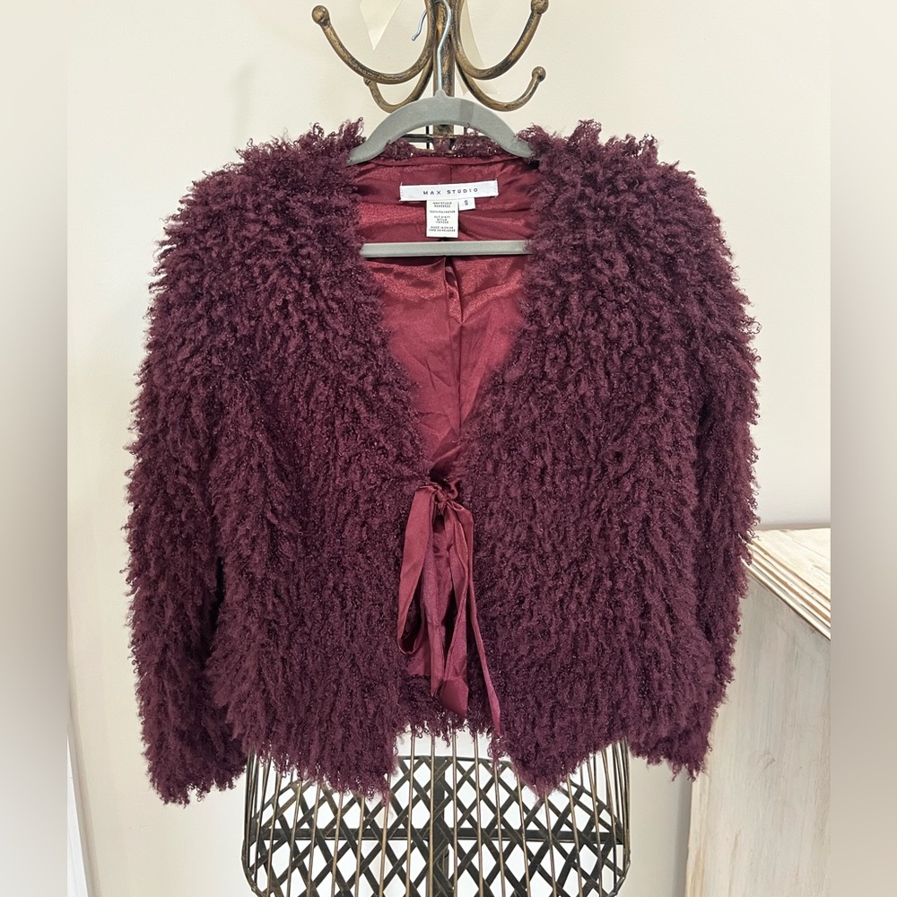 Max Studio Cropped “furry” jacket; size small; rich and warm burgandy